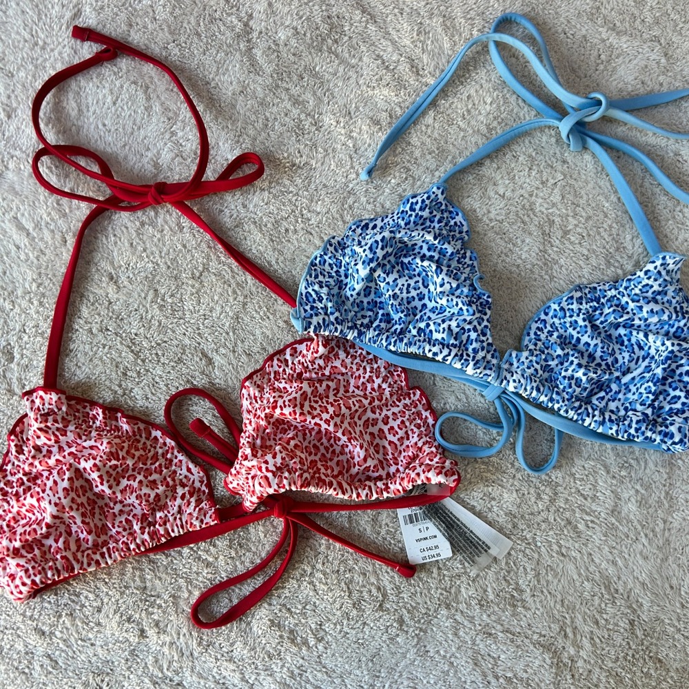 Victoria's Secret PINK x Frankies Bikinis Leopard Triangle Top Bundle Red Blue S